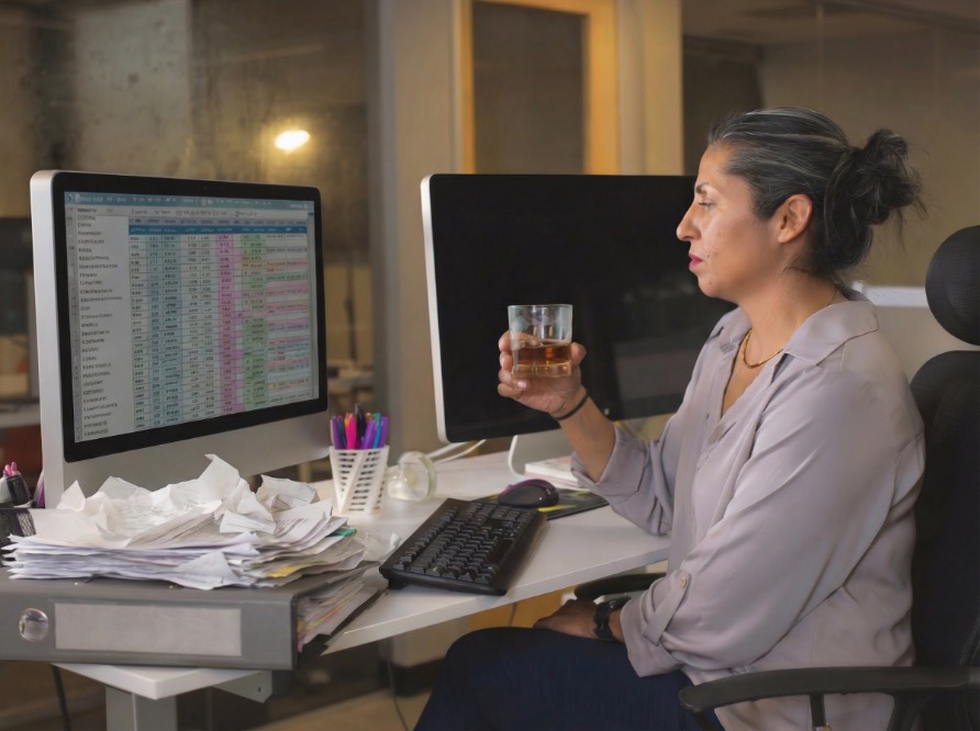 An accountant working late at night with a messy desk and a glass of bourbon in her hand as she stares at spreadsheets. She should automate sales commissions calculations in GP using Commission Plan.